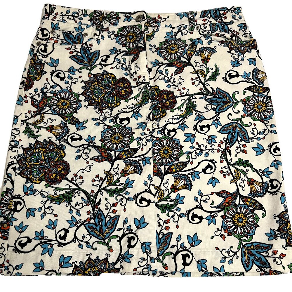 Jones New York Sport Button Zip Skirt Colorful Flowers Size 8 Pencil Casual